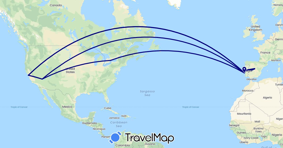 TravelMap itinerary: driving in Canada, Spain, Portugal, United States (Europe, North America)